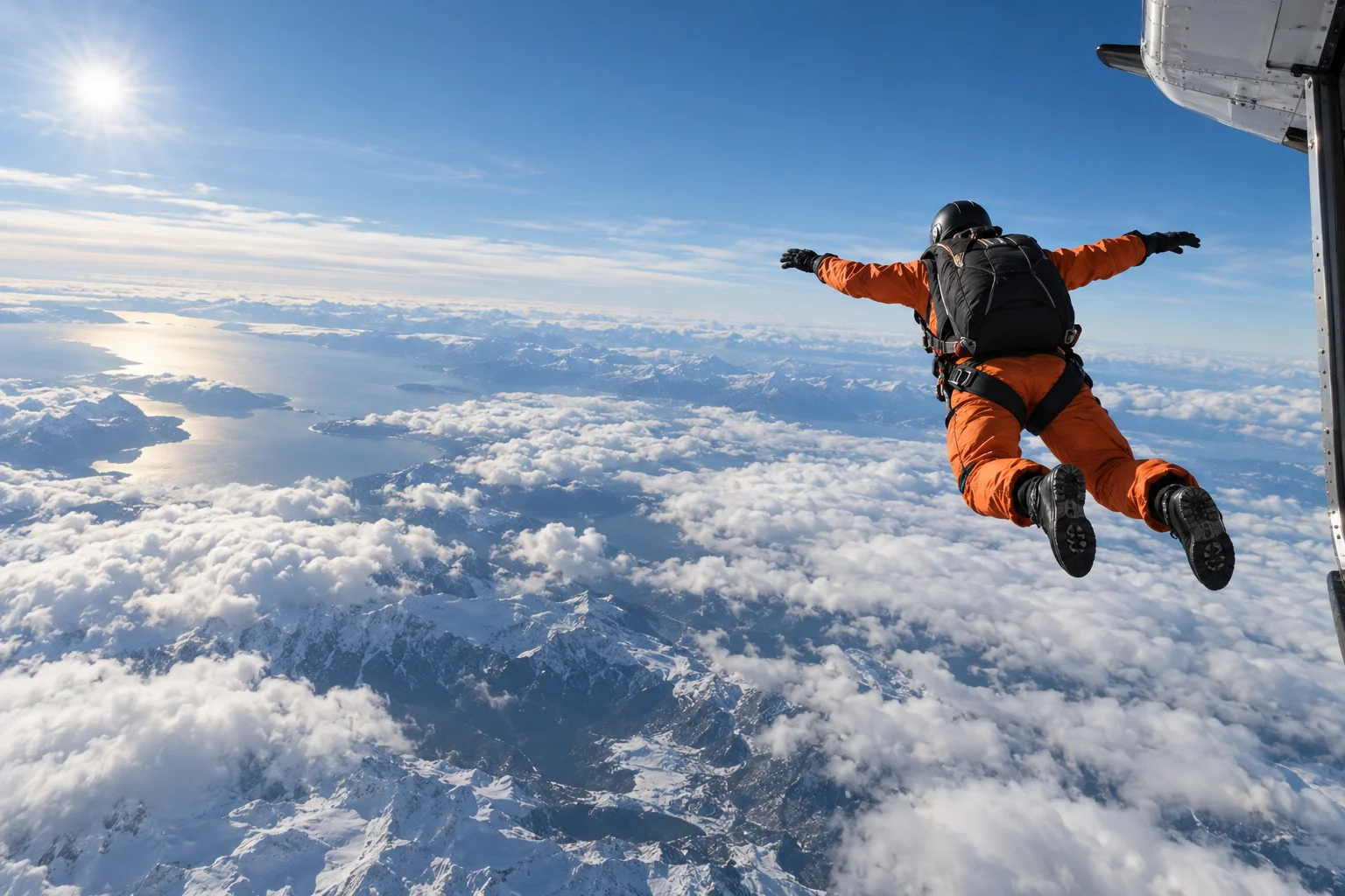 A skydiver leaving an aircraft above a vast landscape of mountains and clouds